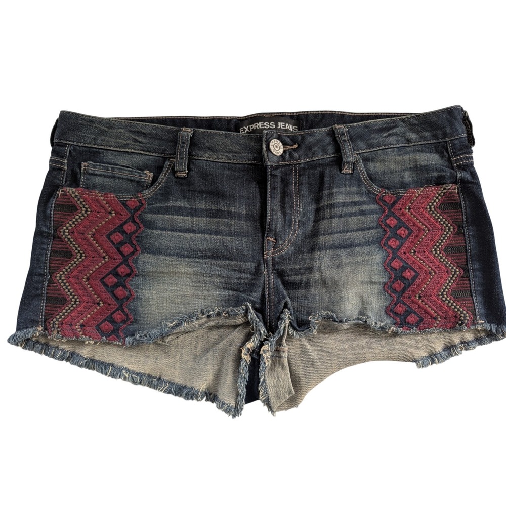 Express Jeans Denim Shorts Womens 12 Dark Blue Excellent Embroidered Boho Cutoff